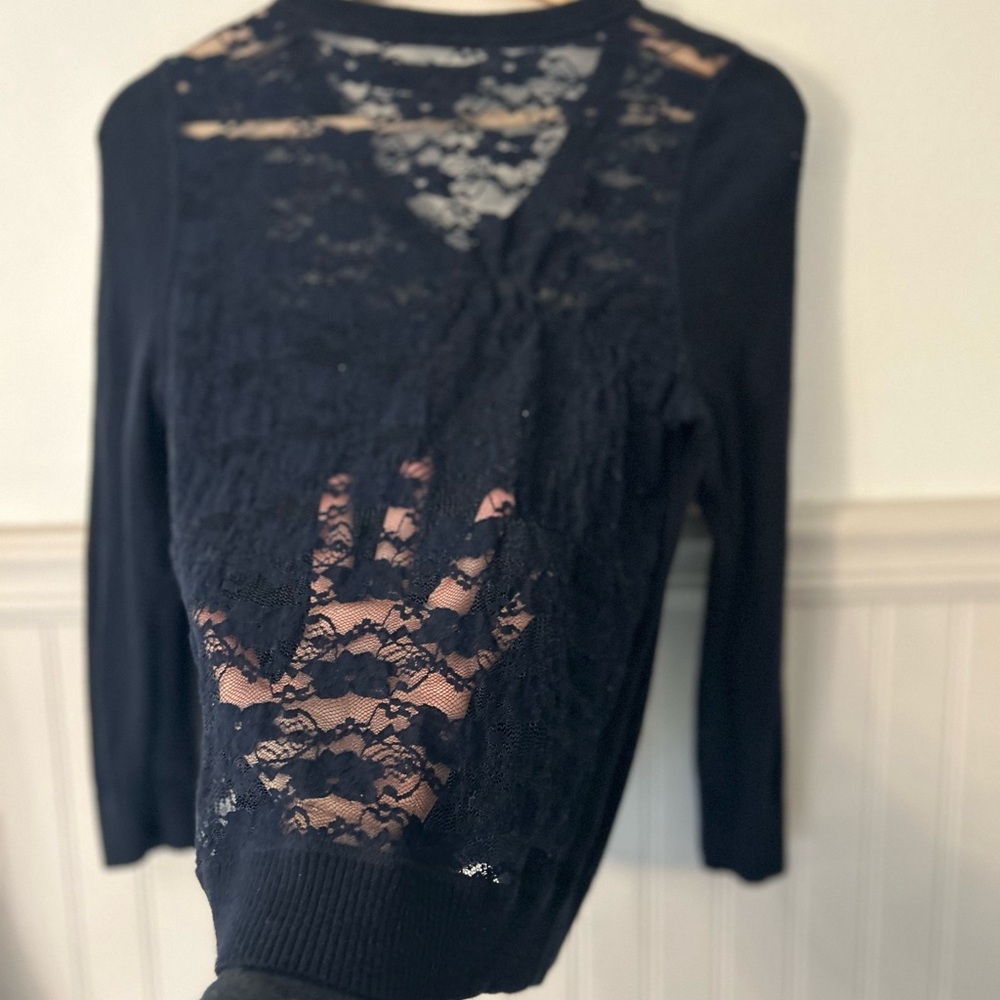 Y2K Abercrombie & Fitch Large Navy Blue Lace Button-Down Cardigan - Picture 2 of 8